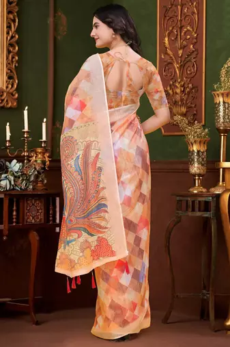 Peach printed art silk designer pallu saree
