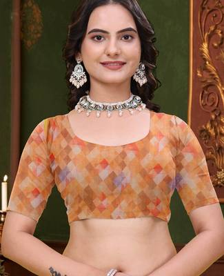Peach printed art silk designer pallu saree 5