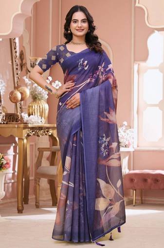 Purple printed art silk designer pallu saree
