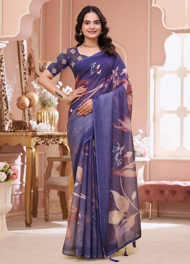 Purple printed art silk designer pallu saree