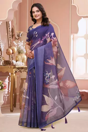 Purple printed art silk designer pallu saree