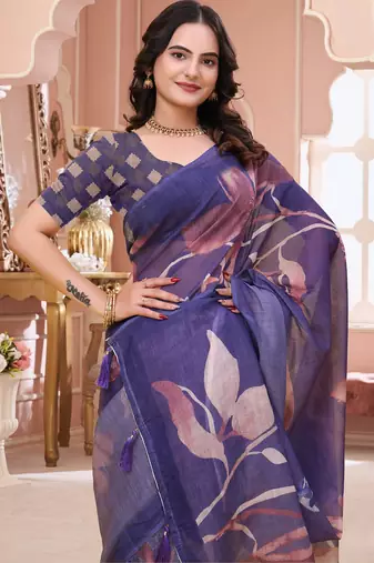 Purple printed art silk designer pallu saree