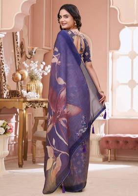 Purple printed art silk designer pallu saree 4