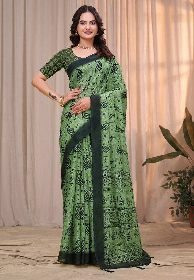 Green printed art silk designer pallu saree