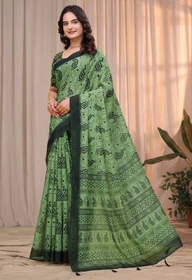 Green printed art silk designer pallu saree 2