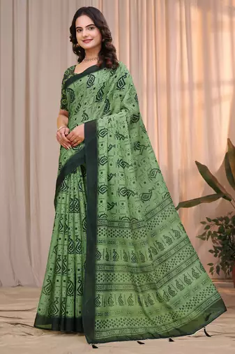 Green printed art silk designer pallu saree