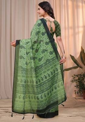 Green printed art silk designer pallu saree 3