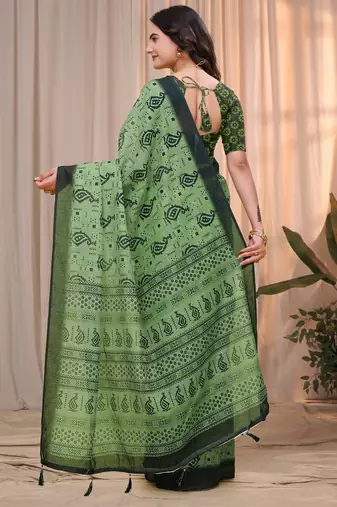 Green printed art silk designer pallu saree