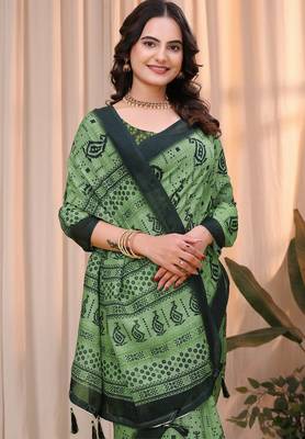 Green printed art silk designer pallu saree 4