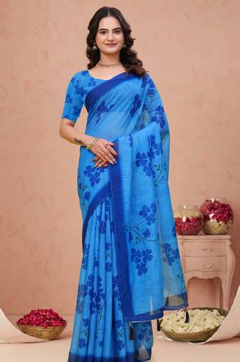 Royal blue printed art silk designer pallu saree