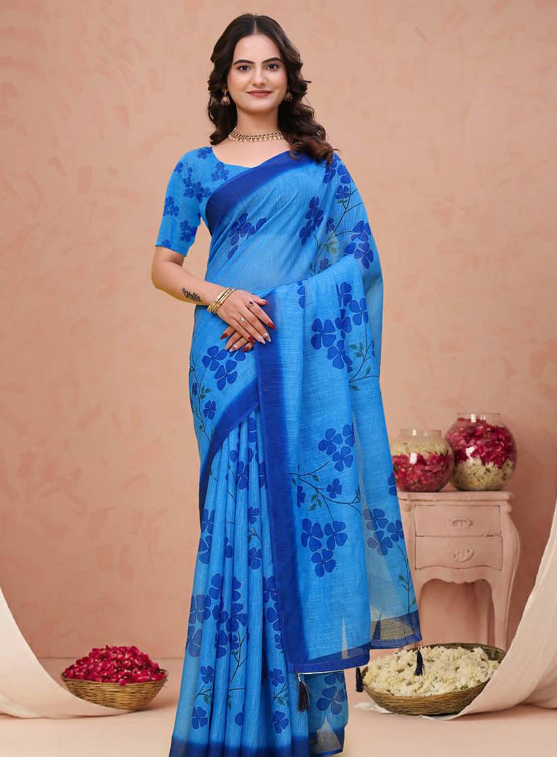 Royal blue printed art silk designer pallu saree