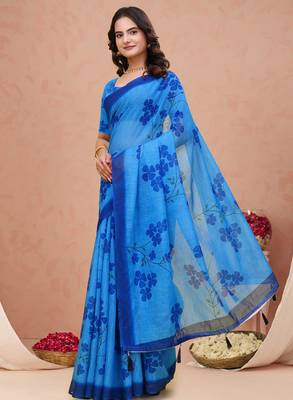 Royal blue printed art silk designer pallu saree 2