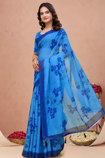 Royal blue printed art silk designer pallu saree