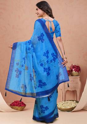 Royal blue printed art silk designer pallu saree 3