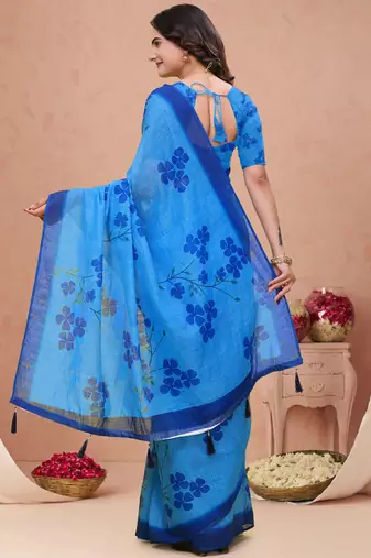Royal blue printed art silk designer pallu saree