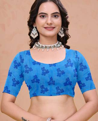 Royal blue printed art silk designer pallu saree 5