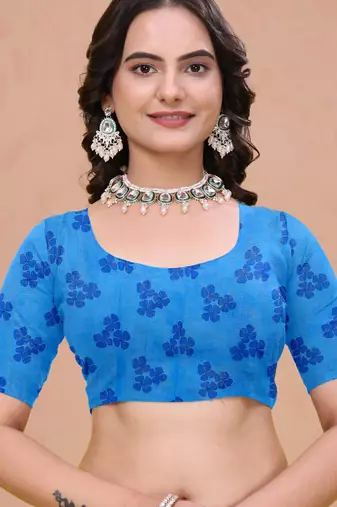 Royal blue printed art silk designer pallu saree
