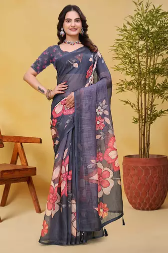 Grey printed art silk designer pallu saree