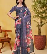 Grey printed art silk designer pallu saree