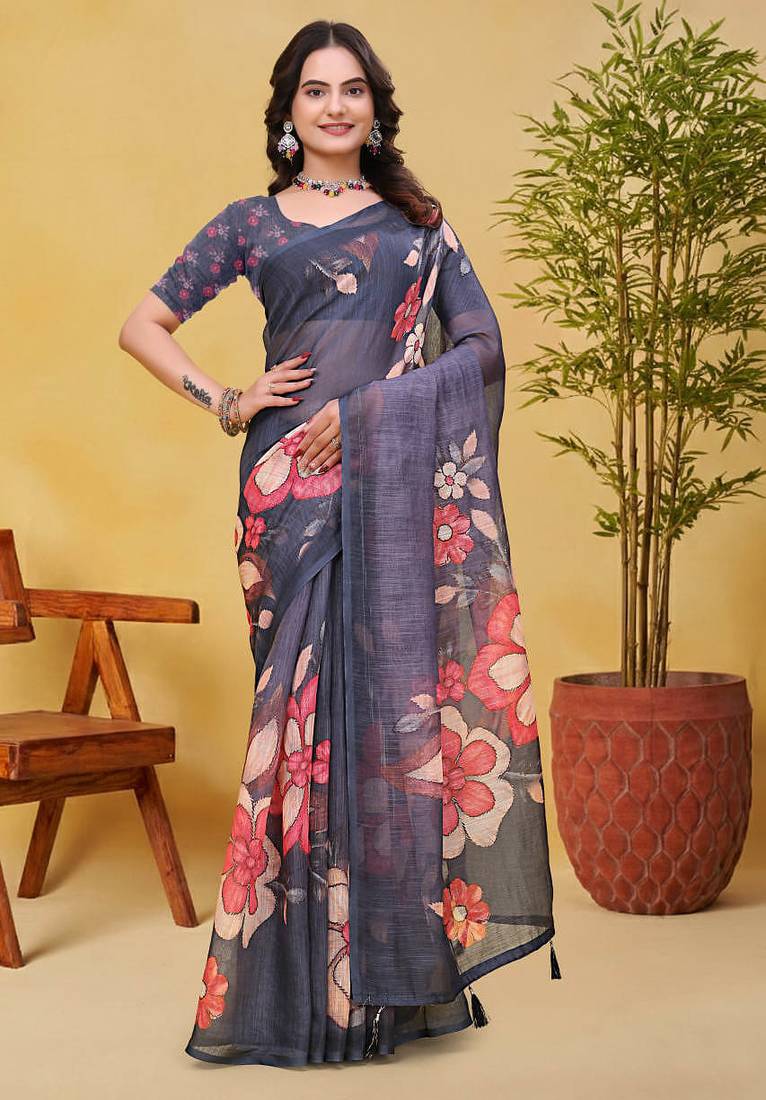 Grey printed art silk designer pallu saree