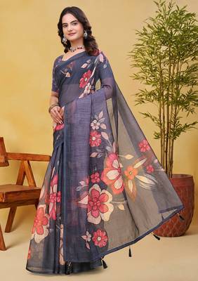 Grey printed art silk designer pallu saree 2