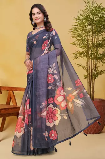 Grey printed art silk designer pallu saree