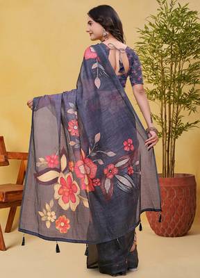 Grey printed art silk designer pallu saree 3
