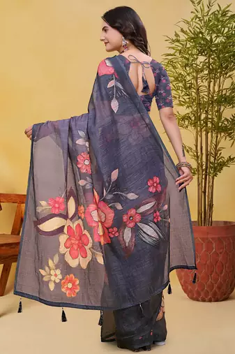 Grey printed art silk designer pallu saree