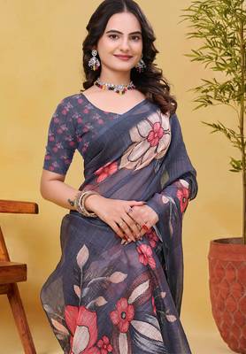 Grey printed art silk designer pallu saree 4