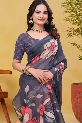 Grey printed art silk designer pallu saree