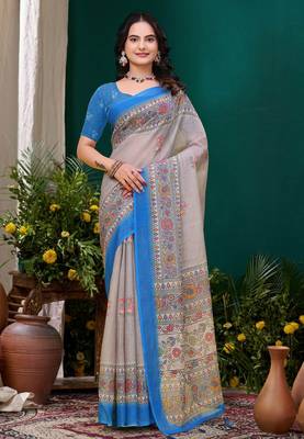 Grey printed art silk designer pallu saree 1