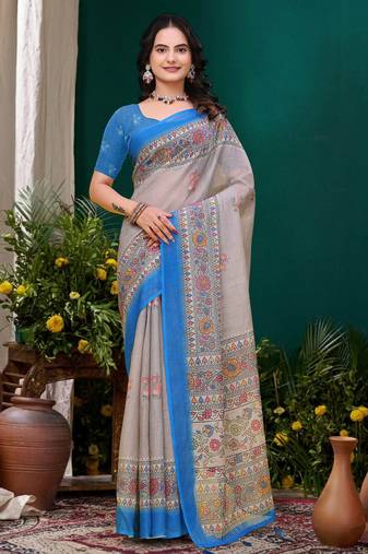 Grey printed art silk designer pallu saree