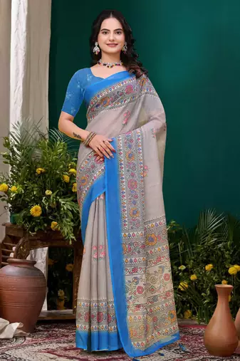 Grey printed art silk designer pallu saree