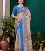 Grey printed art silk designer pallu saree