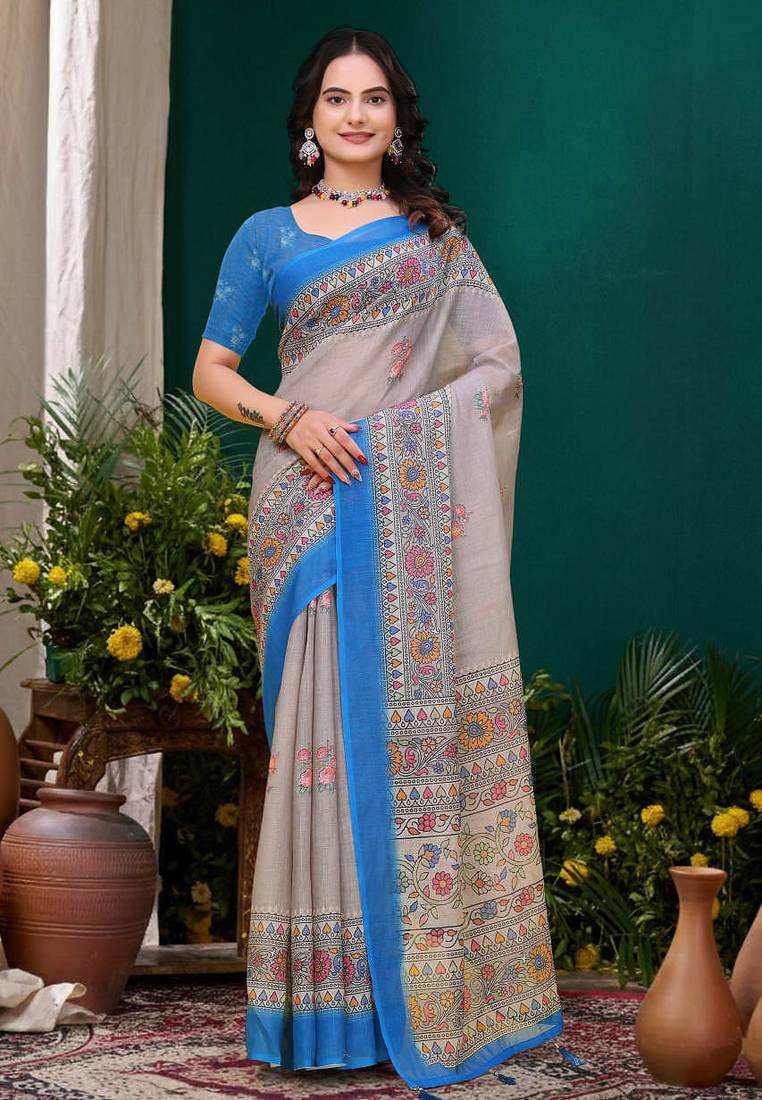 Grey printed art silk designer pallu saree