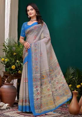 Grey printed art silk designer pallu saree 2