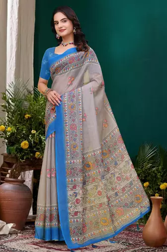 Grey printed art silk designer pallu saree