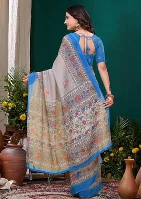 Grey printed art silk designer pallu saree 3