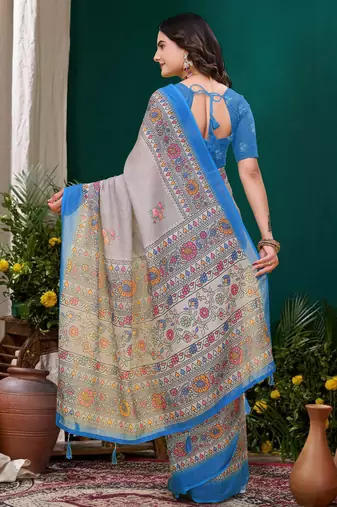 Grey printed art silk designer pallu saree