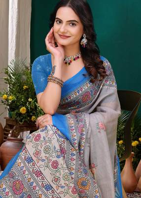 Grey printed art silk designer pallu saree 4
