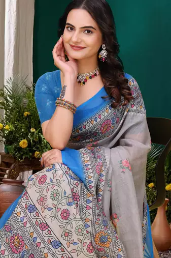 Grey printed art silk designer pallu saree