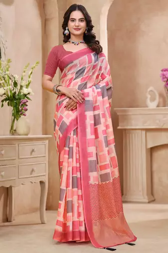 Baby pink printed art silk designer pallu saree