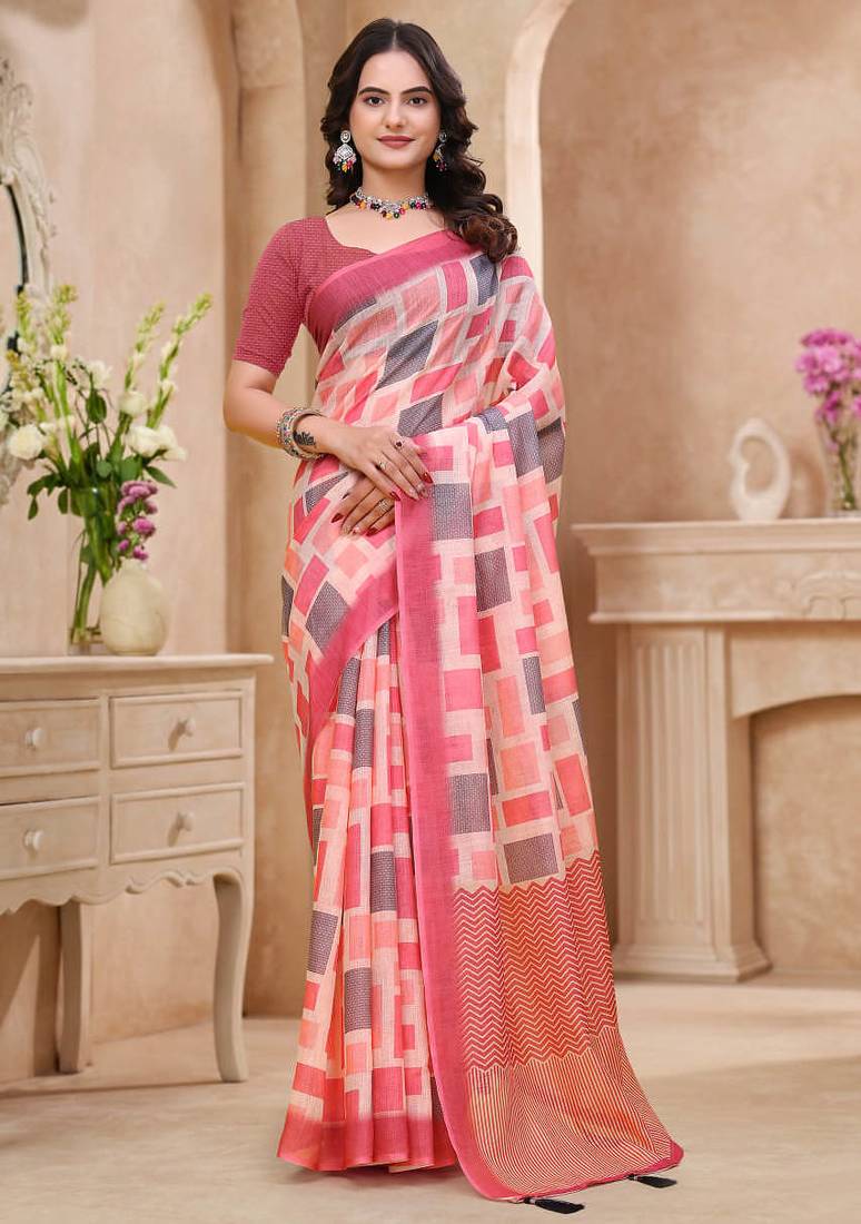 Baby pink printed art silk designer pallu saree