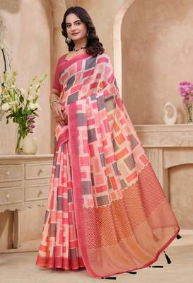 Baby pink printed art silk designer pallu saree 2