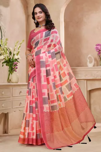 Baby pink printed art silk designer pallu saree