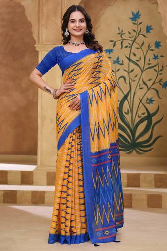 Yellow printed art silk designer pallu saree