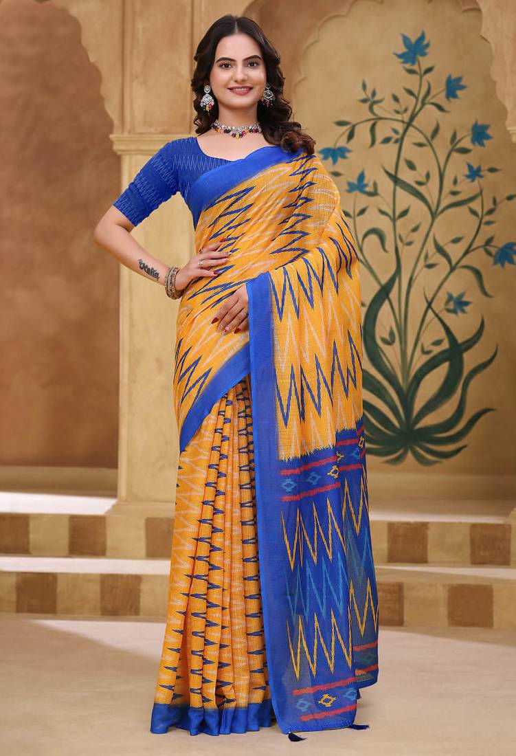 Yellow printed art silk designer pallu saree