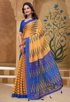 Yellow printed art silk designer pallu saree 2