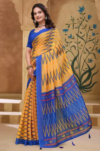 Yellow printed art silk designer pallu saree