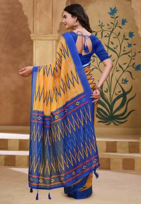 Yellow printed art silk designer pallu saree 3